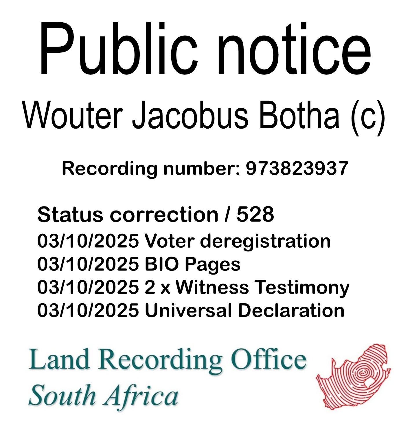 Public notice Wouter Jacobus Botha Recording number 973823937